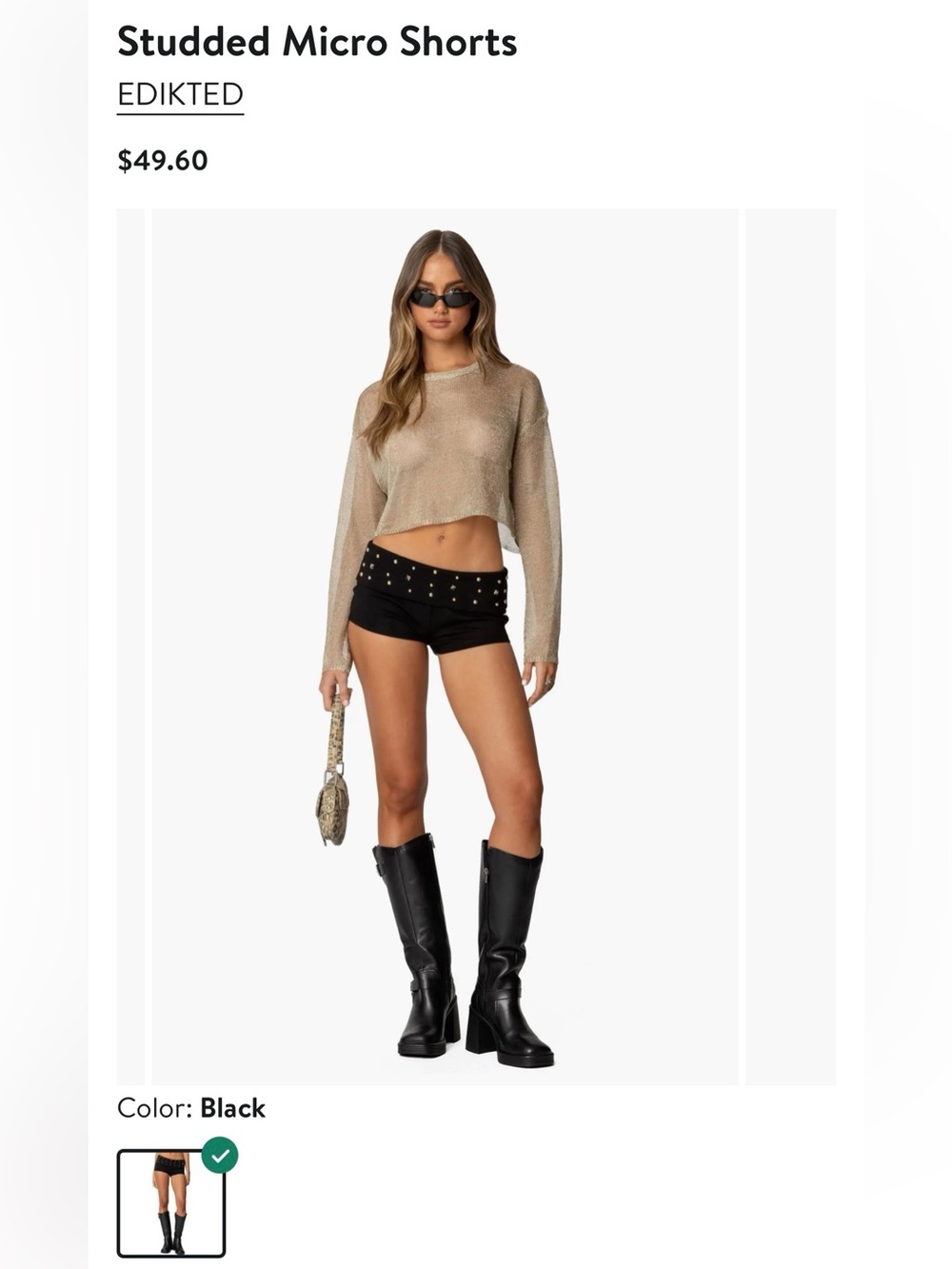 Edikted Black Fold-Over Waist Bike Shorts with Gold Stud Accents